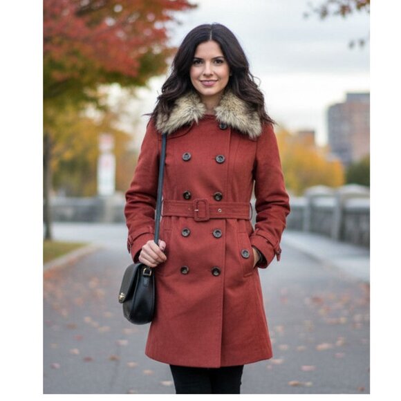 Steve Madden Faux Suede Faux Fur Collar Trench Coat, Red Orange Womens Size S - Picture 1 of 8